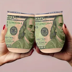 12oz Printed $100 Bill Wine Tumbler, Benjamin Franklin Design, Insulated Stainless Steel Portable Flask, Vacuum Insulation Travel Cup with Lid, Funny Gift for Money Lovers