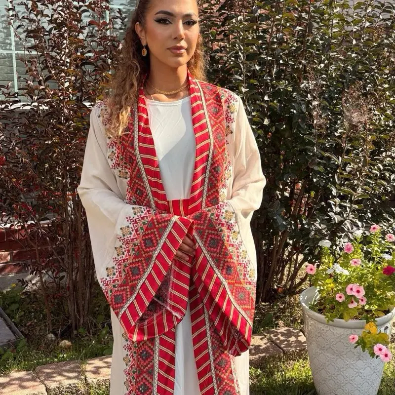 Red and Beige Two Piece Thobe with Traditional Embroidery for Women