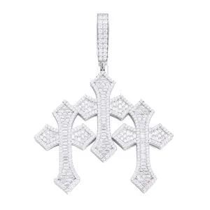 【P632】Triple Cross Pendant S925 Sterling Silver Synthetic Moissanite Pendant Necklace Cross Pendant Fashion Suitable for Men and Women Hip Hop Rap Jewelry Halloween