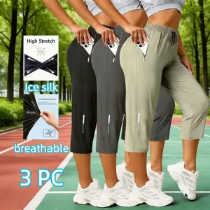 High Quality Summer Women's Cropped Pants for Outdoor Jogging, Breathable Speed Drying, Solid Color Drawstring Design, Sportswear 3-piece Set Women's Clothing