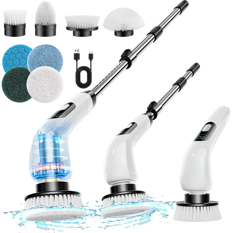 EVE Electric Spin Scrubber, Cordless Shower Scrubber with 8 Brush Heads & Adjustable Handle, Power Cleaning Brush for Bathroom, Kitchen, Car