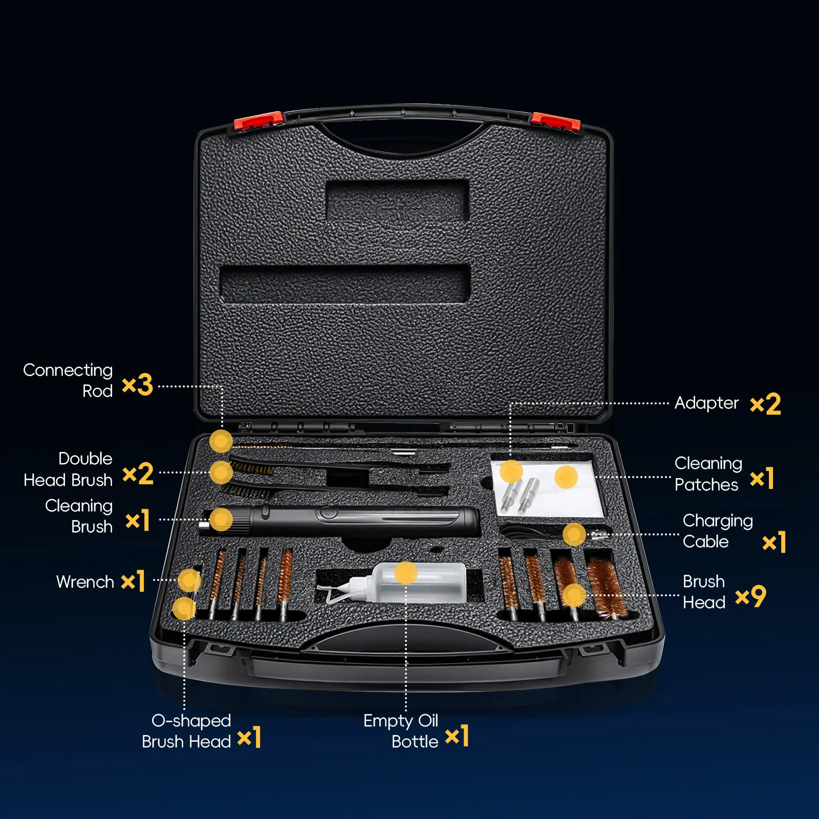 Universal firearm cleaning kit, suitable for all calibers of shotguns, rifles, and handguns, with brass rods and a portable case, ideal for cleaning shotguns. Gunshot