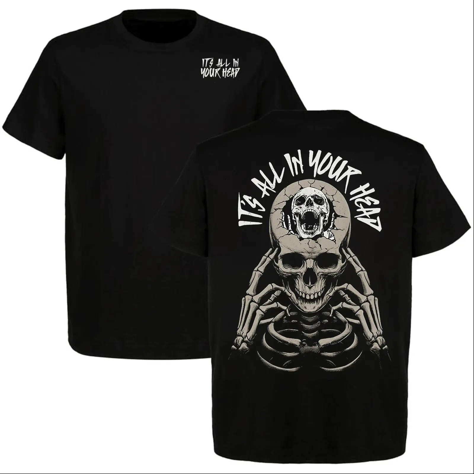 It’s All In Your Head T-shirt, Dark Skeleton Skull Mentality Streetwear Tee, Unisex Short Sleeve Casual 100% Cotton