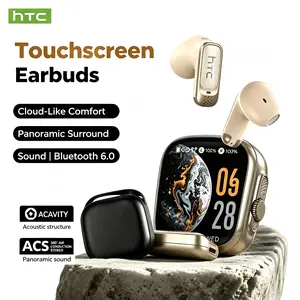 HTC NE72 Bluetooth 6.0 wireless earbuds — in-ear headphones with digital display, multilingual translation, companion app, earbud case supporting external audio playback, zero-pressure comfort for side sleepers, gaming mode, waterproof sports earbuds with