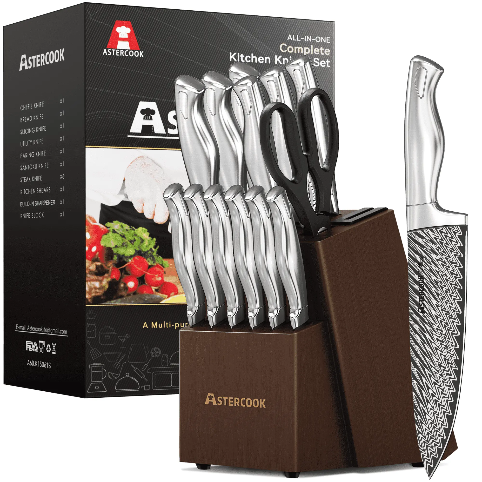 Astercook 14 Piece Kitchen Knife Set with Block and Built-in Sharpener, Full Tang Knives Sets German Stainless Steel, Dishwasher Safe Silver