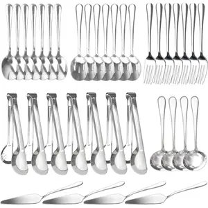 36 Pcs Stainless Steel Serving Utensils Set - Silver Serving Flatware Set Include Large Spoons, Slotted Spoons, Forks, Soup Ladle, Pie Server and Tongs for Kitchen, Buffet, Party Supplies