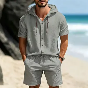 Men’s two-piece set: short-sleeve hooded Henley shirt + drawstring shorts with pockets. Breathable casual beach vacation loungewear for summer.