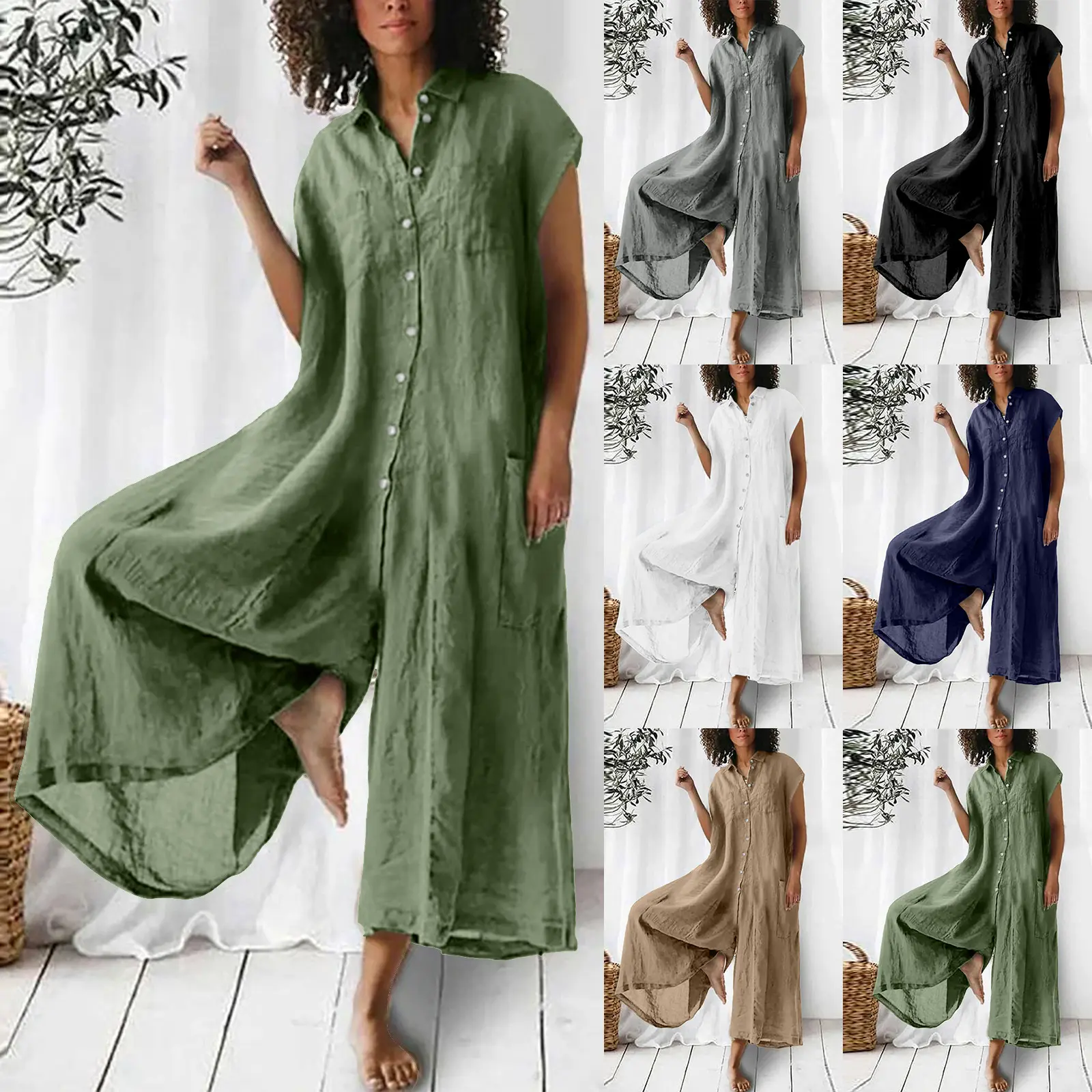 Women's Casual Cotton-Linen Overalls - Basic Minimalist Solid Color, Short-Sleeve, Mid-Length, Women's Plus Size Clothing, Casual Overalls
