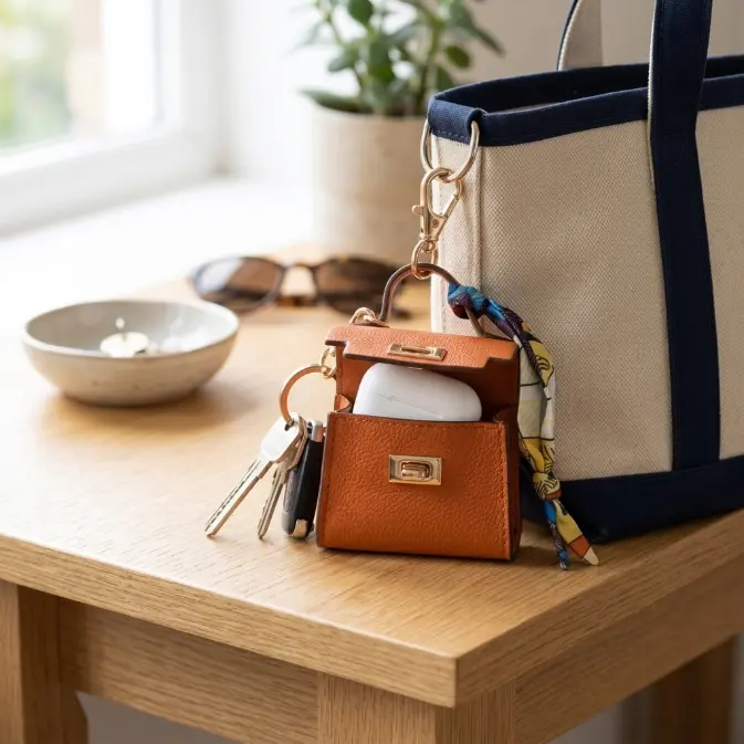 Mini Square Bag Pendant Keychain - High Quality Leather with Colorful Strap, Cute Car Keychain & Bag Charm Accessory