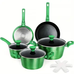 [Game-changer]Non-Toxic Nonstick Ceramic pots and pans set complete Cookware Set Kitchen Outdoor Induction Stackable Healthy Easy Care Aluminium Lightweight Oil Sturdy Multifunctional Non-stick Egg Skillet Frying Pan Set Green Granite Cooking Set