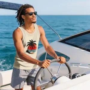 Palm Tree Sunset Tank Top Men | Yacht Beach Sleeveless Shirt | Tropical Summer Casual Vest