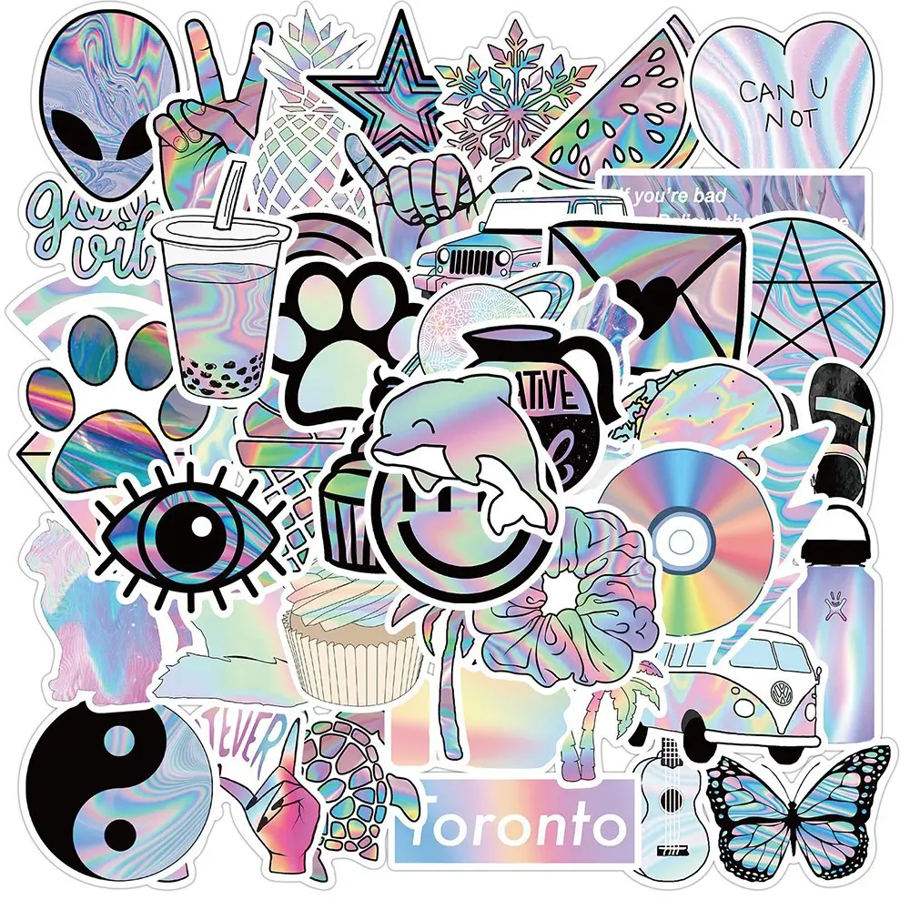 50 Pcs Holographic Girl Graffiti Stickers Decorative iPad Luggage Motorcycle Notebook DIY Waterproof Decals Hologram Stickers Decal Set