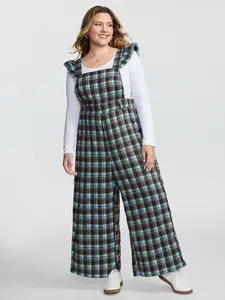 BLOOMCHIC Plus Size Plaid Ruffled Sleeve Backless Tie Jumpsuit Overalls, Spandex-Polyester Smooth Fit Clothes with Pocket, Garment [M-6X]2026 Summer Vibes