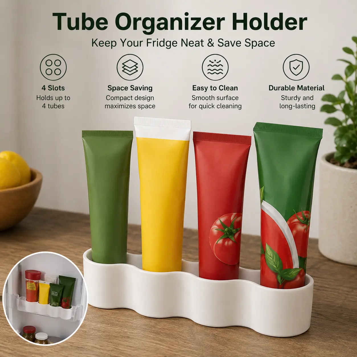 1-Count Refrigerator Tube Storage Holder - 4-Slot Connectable Plastic Kitchen Rack, Easy-to-Clean Shelf for Fridge Door Condiment Paste Tubes, Smooth