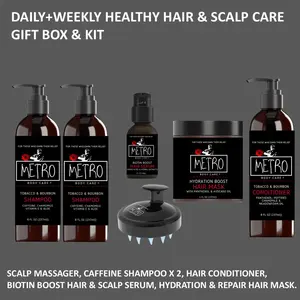 Metro Body Care Daily & Weekly Hair & Scalp Care Gift Box Kit with 6 Full-size Men's Self-Care & Grooming Products: Caffeine Shampoo, Peptide Conditioner, Hydration Repair Mask, Scalp Massager