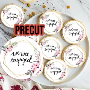 We Are Engaged Edible Cookie Toppers, 2 Inch Pre-cut 12 Circles, Floral Design Icing Sheet, engagement toppers