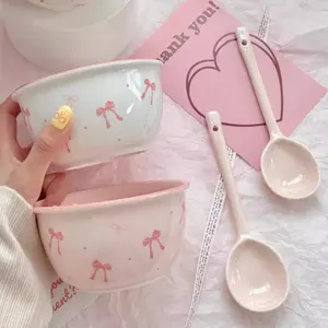 Cute Bow Pattern Ceramic Tableware Set, Including 2 Bowls & 2 Spoons, Perfect for Cereal, Soup, Yogurt and Desserts