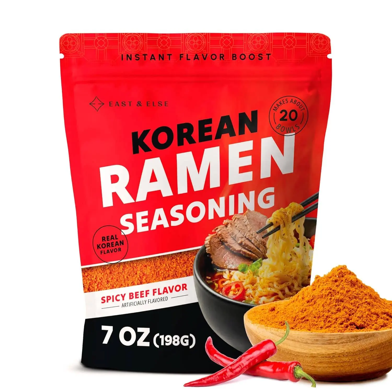 East and Else Korean Spicy Beef Instant Ramen Seasoning Powder, Rich & Savory Broth Soup Base in Resealable Pouch, Instant Noodle Flavor Packet Alternative, Product of Korea