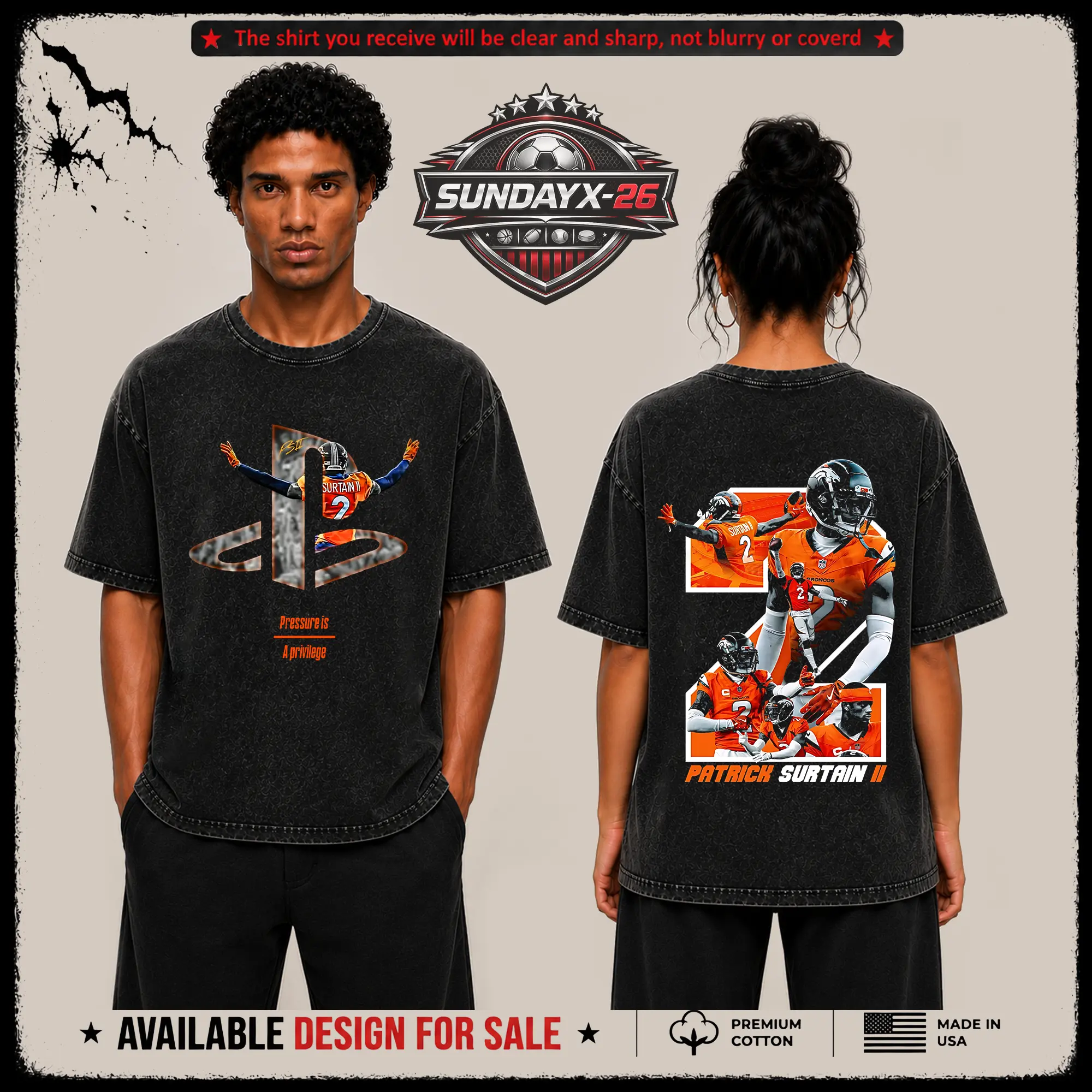 [X-26] Patrick Surtain II Graphic Premium Acid Washed T-Shirt, Broncos Football Fans Fits High Quality 100% Cotton Shirt, Broncos Country Outfit, Gift for Football Fans, Boyfriend