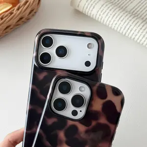 Longlayss Compatible with iPhone 17 Pro Max Case Tortoise Shell Phone Case for Women Girl Shockproof TPU and Hard PC Protective Cover - Amber Brown Leopard