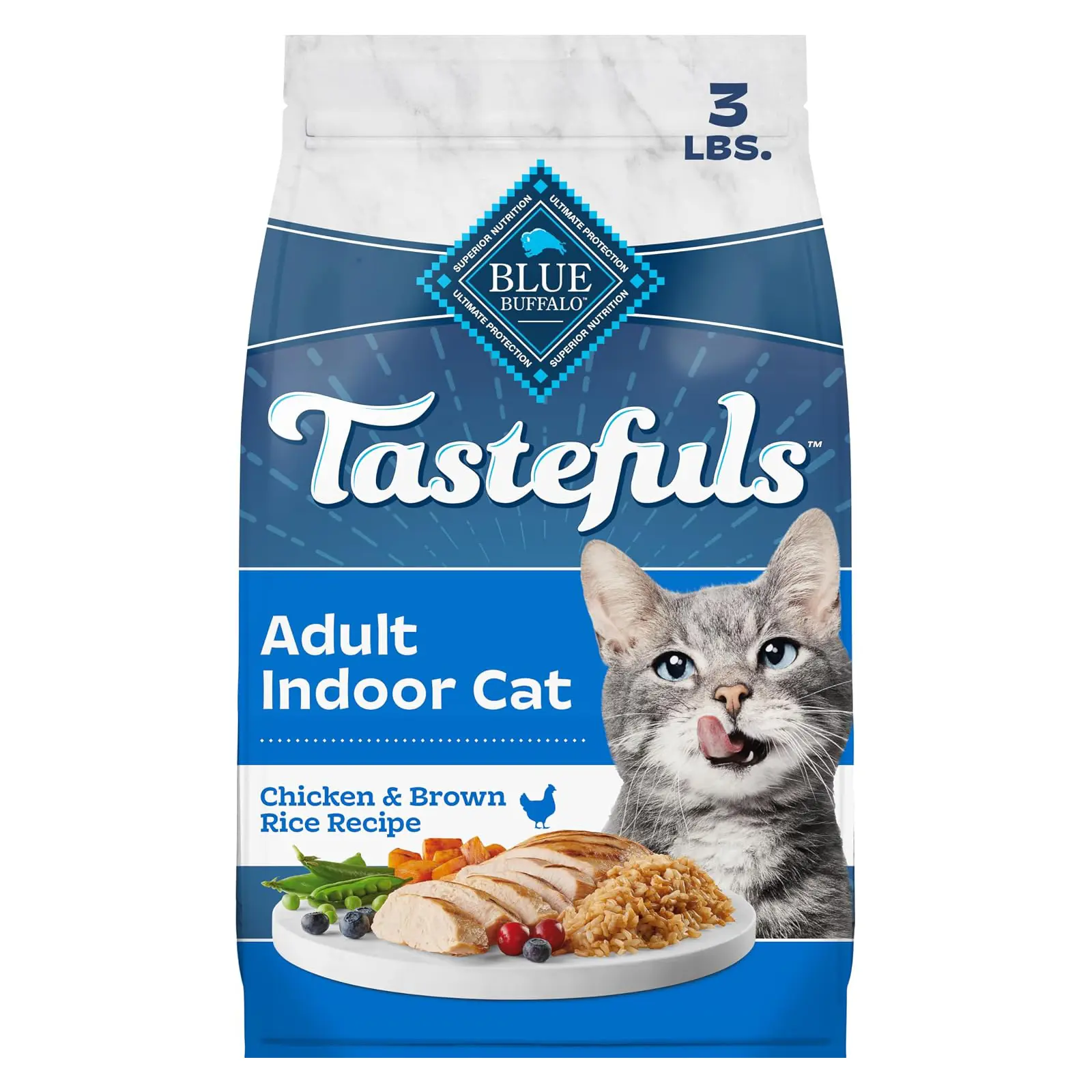 Blue Buffalo Tastefuls Chicken Adult Indoor Dry Cat Food, 3 lb Chicken & Brown Rice Recipe, Antioxidant-Rich LifeSource Bits, No Corn, Wheat, or Soy
