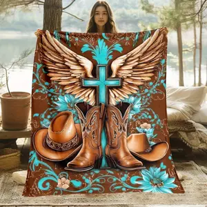 Country Faith Cowboy Flannel Blanket, High-Definition Cross & Wing Print Plush Blanket, Ultra-Warm Cozy Fleece Blanket for Couch Bed Travel, Ideal Gift for Western & Christian Enthusiasts, All-Season Use
