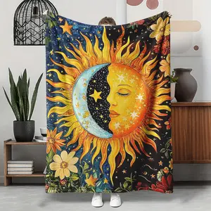 Sun Moon Celestial Flannel Blanket, Boho Floral Watercolor Soft Throw, Cozy Warm Mystical Gift for Her Him, Spiritual Home Decor for Couch Sofa Bed, AC Room Summer Blanket, Birthday Christmas Gift for Astrology Lovers