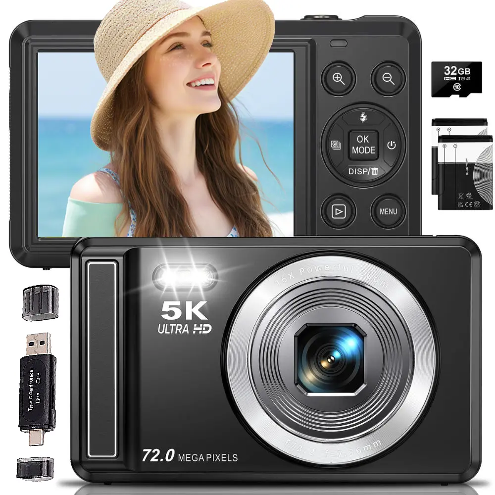 72MP Ultra HD CMOS Point & Shoot Digital Camera - Auto Focus, 2.8" LCD, 16X Zoom, Flash, MP4 Support, Compact Portable Vlogging Travel Camera, Beginner-Friendly, dc068_black + 32GB SD Card, Beginner Digital Camera