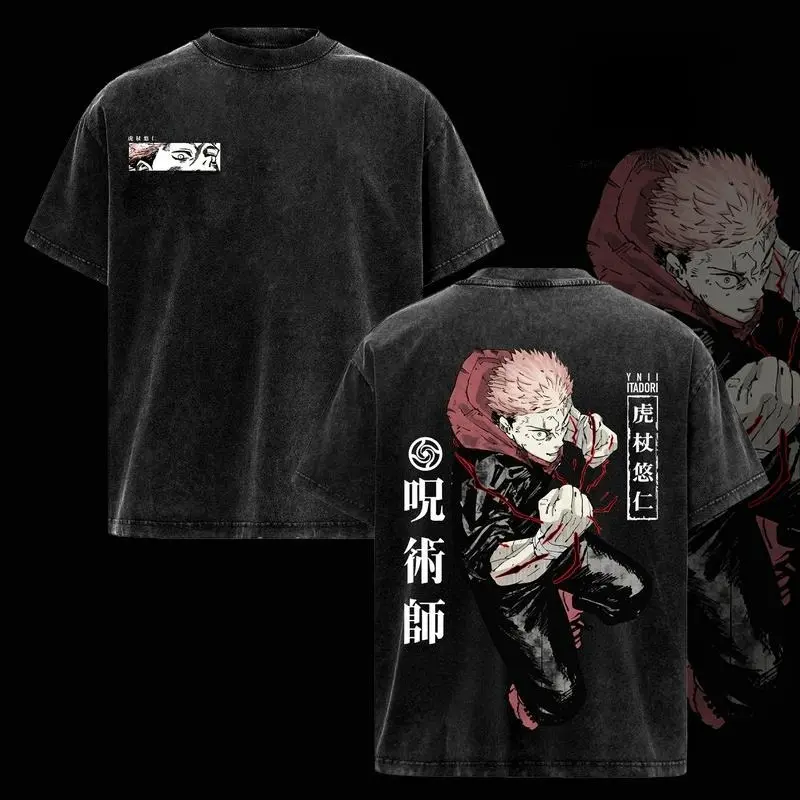 Men's Jujutsu Kaisen Execution Arc Oversized T-Shirt - Itadori Yuji Distressed Figure Graphic, Vintage Washed Cotton, Unisex Round Neck, Casual Activewear Top, S/M Sizes
