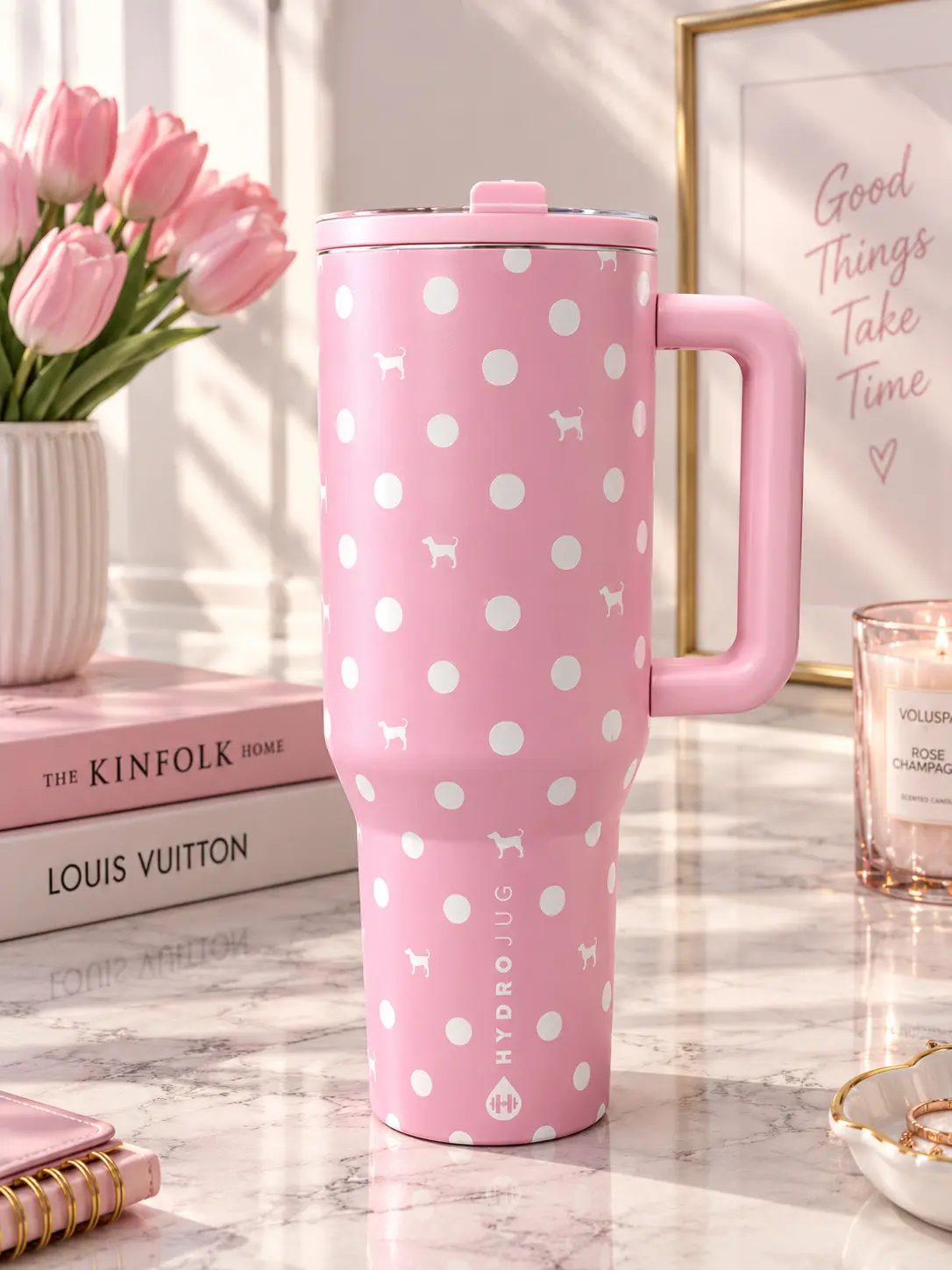 HydroJug Pink Girl Essential  40oz Insulated Tumbler with Handle, Limited Edition Drinkware Flasks,Vacuum Insulated Stainless Steel, BPA-FreeLeakproof Straw Bottle, Cute Puppy & Polka Dot Design Traveler Water Bottle, PinkDot/Dog