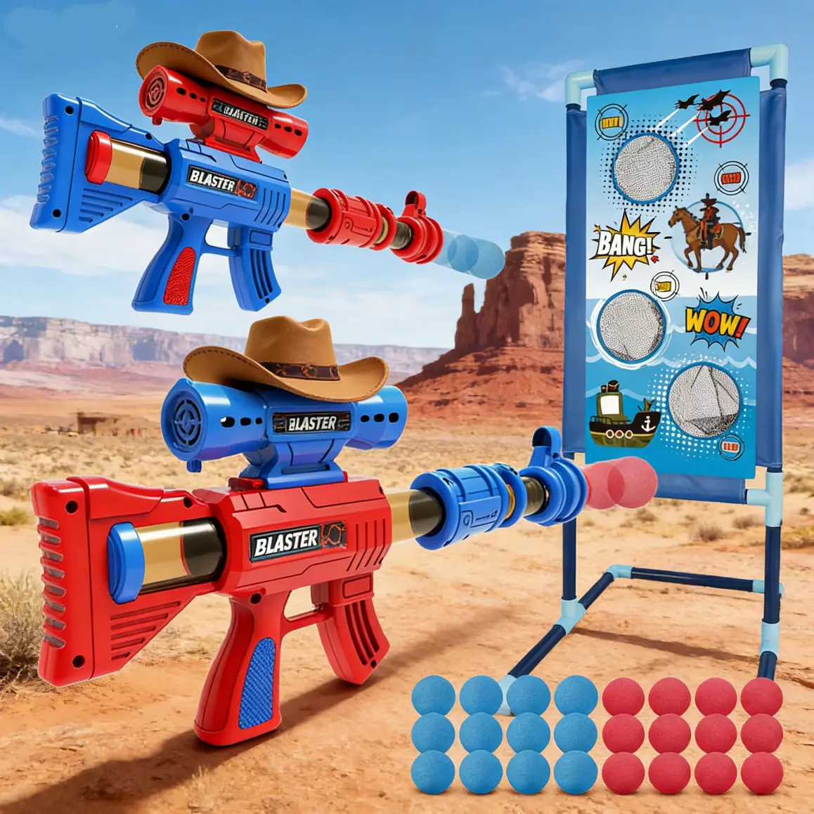 Parent-Child Interactive Shooting Sports Toy Set - 2-Player Handheld Pneumatic Foam Blaster Air Guns, 24 Foam Bullet Balls, Target, Safe Non-Toxic Durable ABS Indoor-Outdoor Gift for 6-10+ Years Old Boys (Thanksgiving, Valentine's Day)