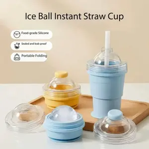 2-in-1 Folding Ice Ball Maker & Straw Cup, Portable Silicone Water Bottle with Built-in Straw, Leak-Proof Collapsible Tumbler for Summer Drinks & Outdoor Activities