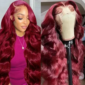 36 inch 99J Burgundy Wine Red Human Hair Wig with 13x4 HD Transparent Lace Front - 180% Density Body Wave 13x6 Looking Frontal Wig Suitable for Women, Pre Plucked with Baby Hair