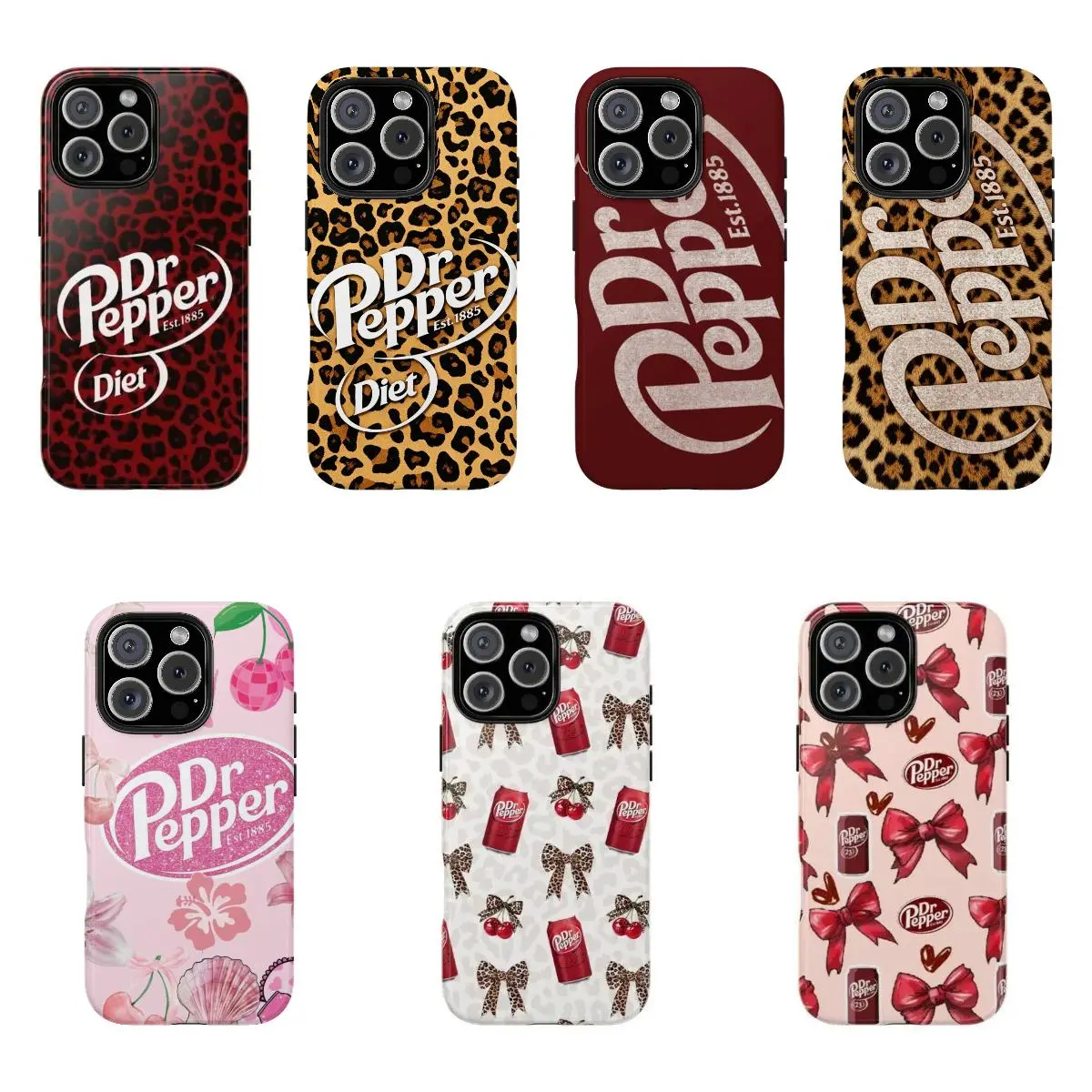 Dr Pepper Soda Fan Protective Cellphone Shell - Mobile Phone Accessories for iPhone 17, 16, 15, 14, 13, 12 with Leopard, Bow, Cherry Print Retro Aesthetic, Iphone 16