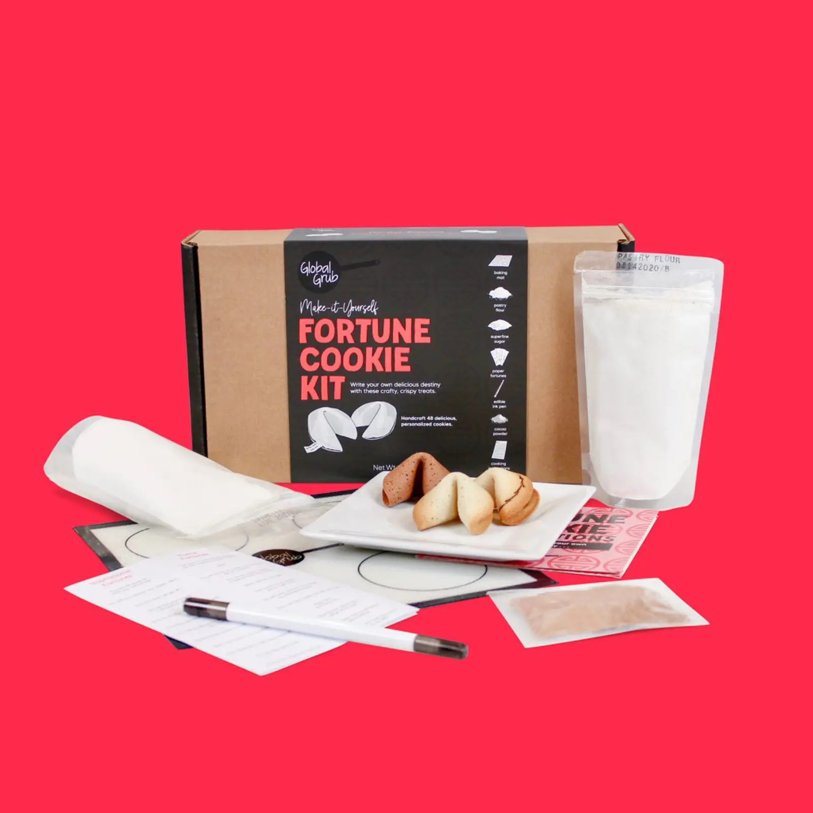 Global Grub DIY Fortune Cookie Kit with Pastry Flour, Superfine Sugar, Cocoa, Edible Ink Pen, Tools, Paper Fortunes