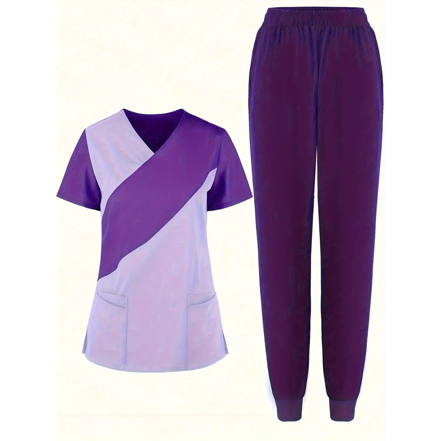 Color Block Fashion Women's Workwear Set: Comfortable, Sweat-Absorbing Short-Sleeve Salon Uniform