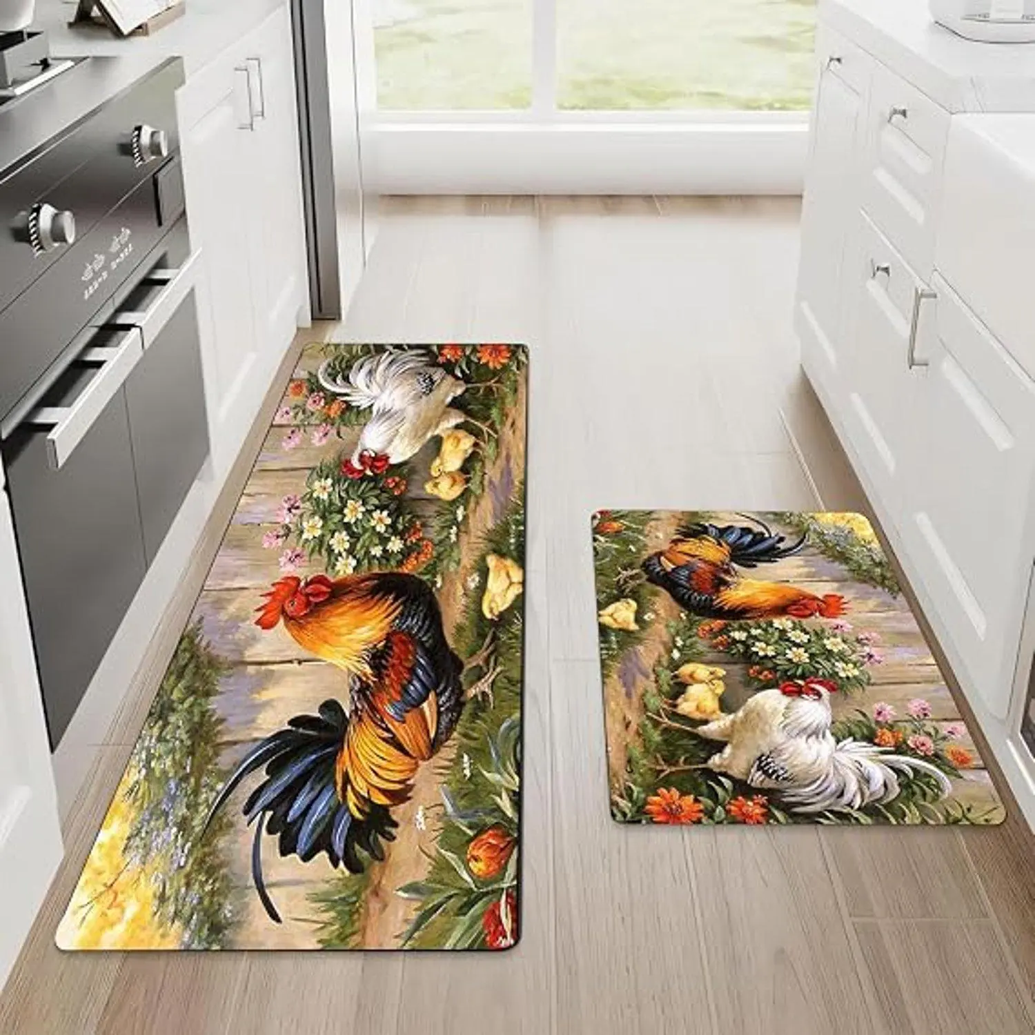 Flannel Vintage Farm Rooster Hen Chick Floral Country Kitchen Doormat