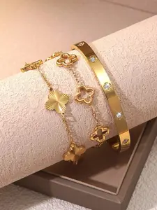 3-Piece Fashion Commuter Style Stainless Steel Gold Plated Clover Bracelet Set, Perfect Gift for Women, Parties, Weddings, Holidays