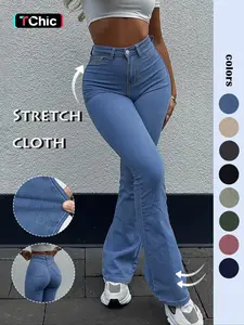 GILIPUR Y2K Women's Plain Flare Leg Jeans, Casual Button Fly Pocket Bell Bottom Denim for Daily Wear, Ladies Bottoms for All Seasons