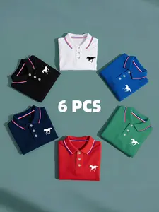 Men's Polo Shirt Set, Casual Fashion Home Wear, Solid Color Short Sleeve Horse Pattern, Contrast Collar, Breathable Fabric Daily/golf Shirts