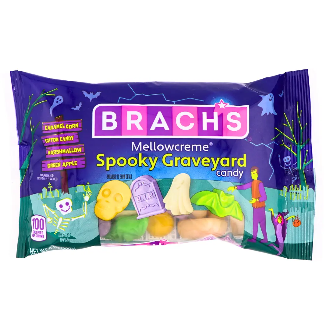 Brach's Mellowcreme Spooky Graveyard Candy, Caramel Corn, Cotton Candy, Marshmallow, & Green Apple, 8 oz Bag