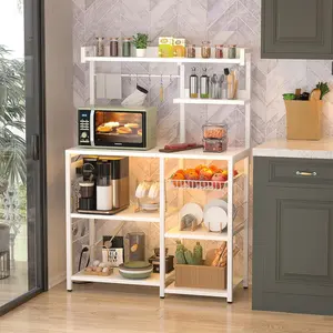 7-Tier Baker's Rack with Power Outlets & LED Lights, Adjustable Kitchen Storage Shelf ,Adjustable  Organizer Wood Basket Metal Wooden Decor