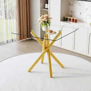 Modern Bar Table with Tempered Glass Top, 38'' Tempered Glass Dining Table for 2-4 People, Square Kitchen Table with Gold X-Base Metal Legs, Adjustable Feet, Glass Desk for Small Space, Gold Square Dining Room Table for 4