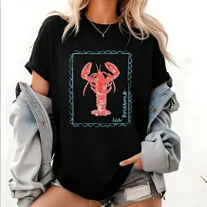 Unisex 100% Premium Cotton Colors Sea Lobster Print T-Shirt - French Coastal Distressed, Nautical Fisherman, Casual, Elegant, Feminine, Everyday Style for Ladies, Summer Beach Vibes, Vintage Funny Graphic Tee