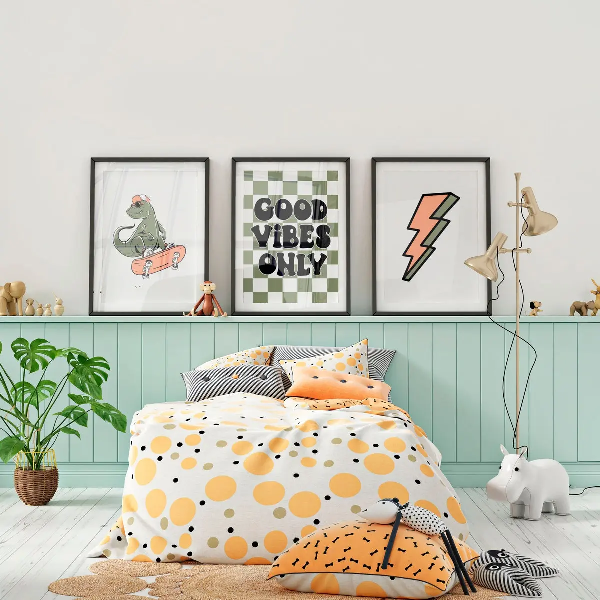 Unframed Dinosaur Wall Art for Boys Room - Set of 3 Dino Skate Posters, 5 Sizes (8x12 to 27x40 inch), Fun Vibes