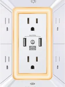 Outlet Extender Power Strip 6 AC Surge Protector with 3 USB Ports (1 USB C) & Night Light, 3-Sided Multi Plug Wall Outlet, ETL Listed Black