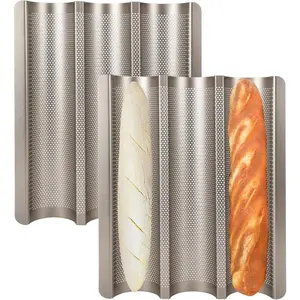 2-Pack Baguette Bread Pan 3-Slot Nonstick French Bread Baking Tray Heavy-Duty Loaf Tin with Rounded Corners Oven Safe Gold