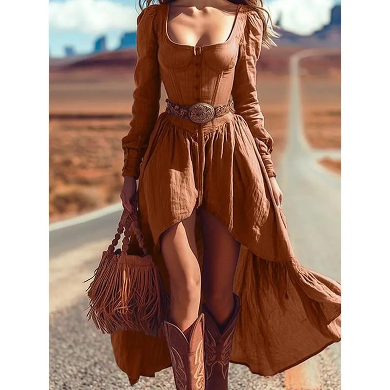 Women's Retro Western Cowboy Long Sleeve Dress - Female, Belt Optional, Multi-Size, Casual Wear for Sports, Outdoor Dance Costumes & Everyday Outings, Western Dresses, Versatile Styling, Vintage Flair, Women Who Love Retro Fashion, Xxl, Western Dance