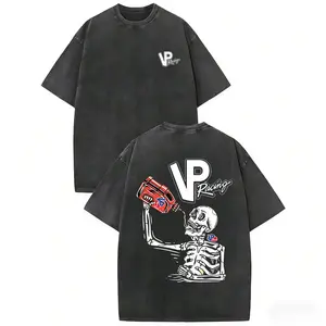 Bold Skeleton Graphic Vintage Washed Tee with VP Logo & Fuel Jug Artwork, Retro Motorsports Streetwear, Cool Urban Style, Perfect for Car Enthusiasts, Unisex T-Shirt