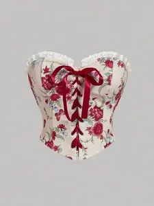 Rose Detail Strapless Tube Top Retro Court Style Summer Going Out Top